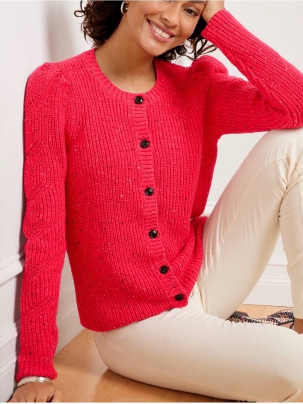 Talbots Pink Speckled Cable Knit Cardigan